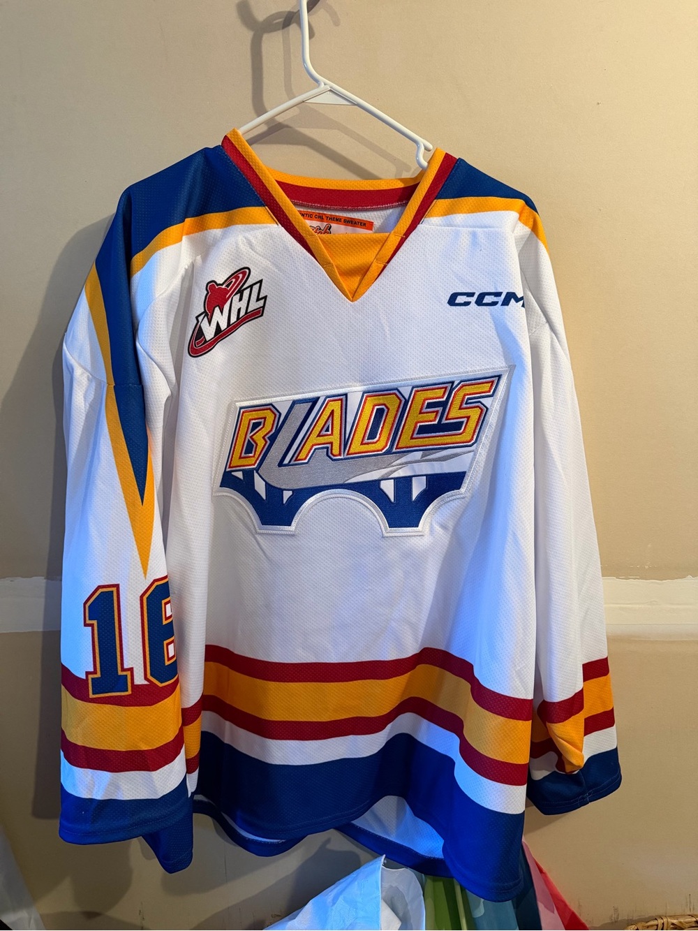 CCM White Blue Yellow Red Blades Hockey Jersey
